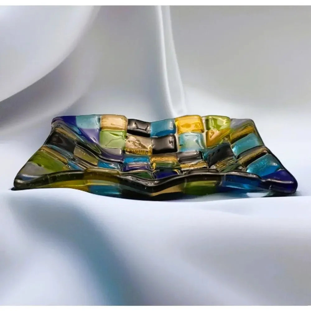 Vintage Italian Murano Art Fused Glass Geometric Design Trinket Dish